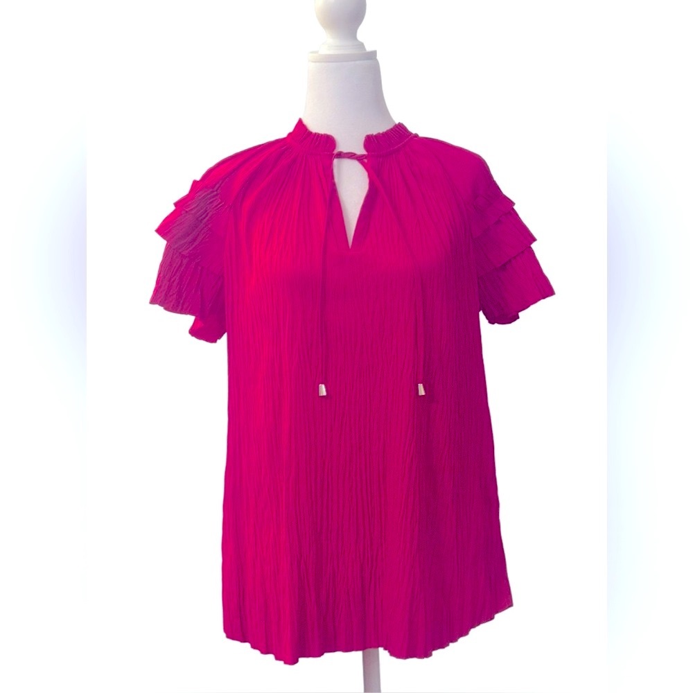 CHICO’S NWOT Botanical Berry Ruffle V-Neck Blouse with Tie and Tassel Size 0.5